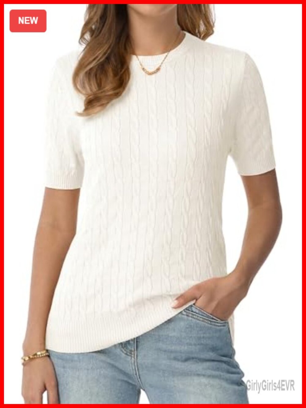 Cable Knit Short Sleeve Sweater Crew Neck Pullover Lightweight